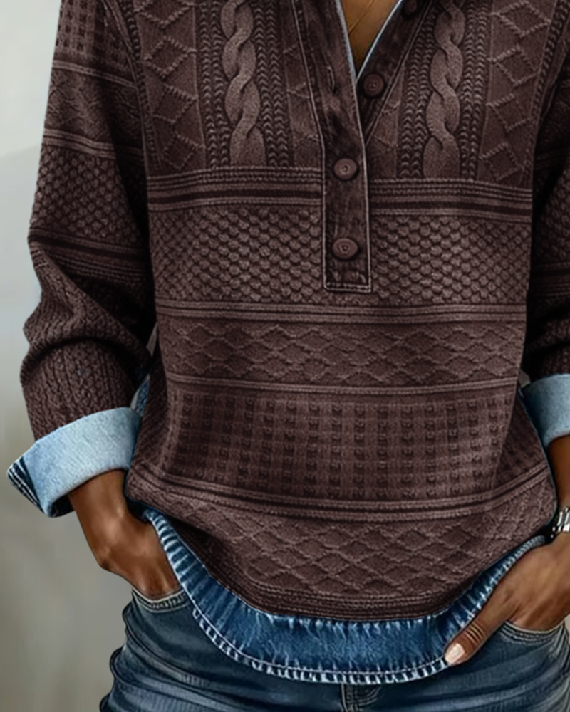 Women's collared half button sweatshirt with cable knit look texture and denim-look trim - view 5