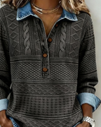 Women's collared half button sweatshirt with cable knit look texture and denim-look trim - view 6