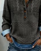 Women's collared half button sweatshirt with cable knit look texture and denim-look trim - view 7