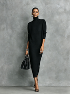 Relaxed black knit turtleneck fall dress in midi length - view 3