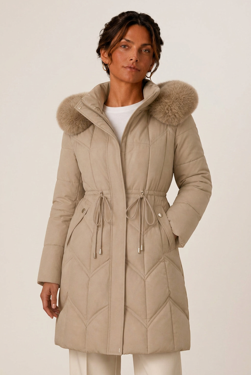 Long chevron-quilted puffer jacket with faux fur hood trim and drawstring waist