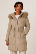 Long chevron-quilted puffer jacket with faux fur hood trim and drawstring waist