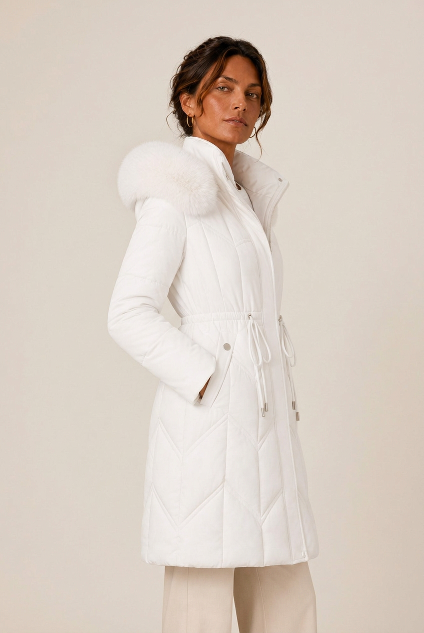 Long chevron-quilted puffer jacket with faux fur hood trim and drawstring waist - view 11