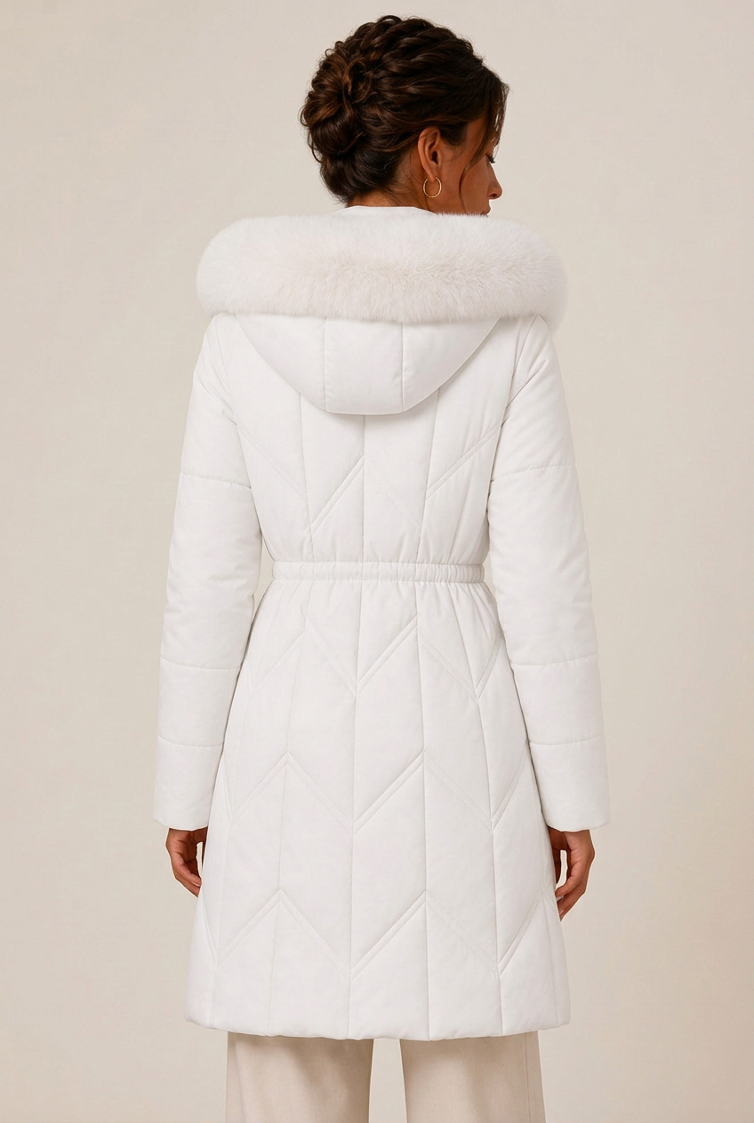 Long chevron-quilted puffer jacket with faux fur hood trim and drawstring waist - view 12