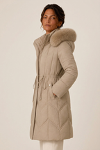 Long chevron-quilted puffer jacket with faux fur hood trim and drawstring waist - view 2