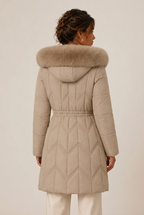 Long chevron-quilted puffer jacket with faux fur hood trim and drawstring waist - view 3