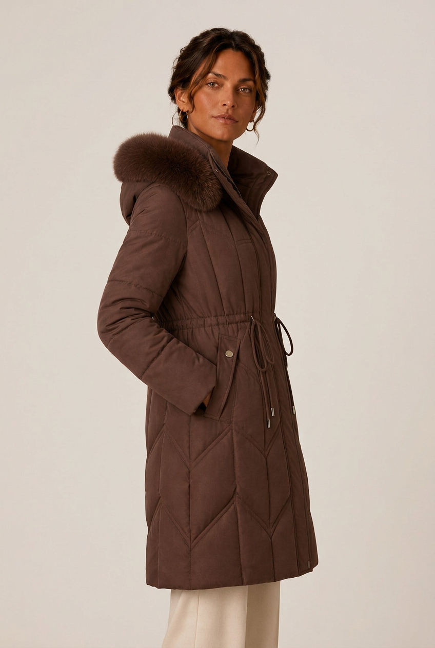 Long chevron-quilted puffer jacket with faux fur hood trim and drawstring waist - view 5