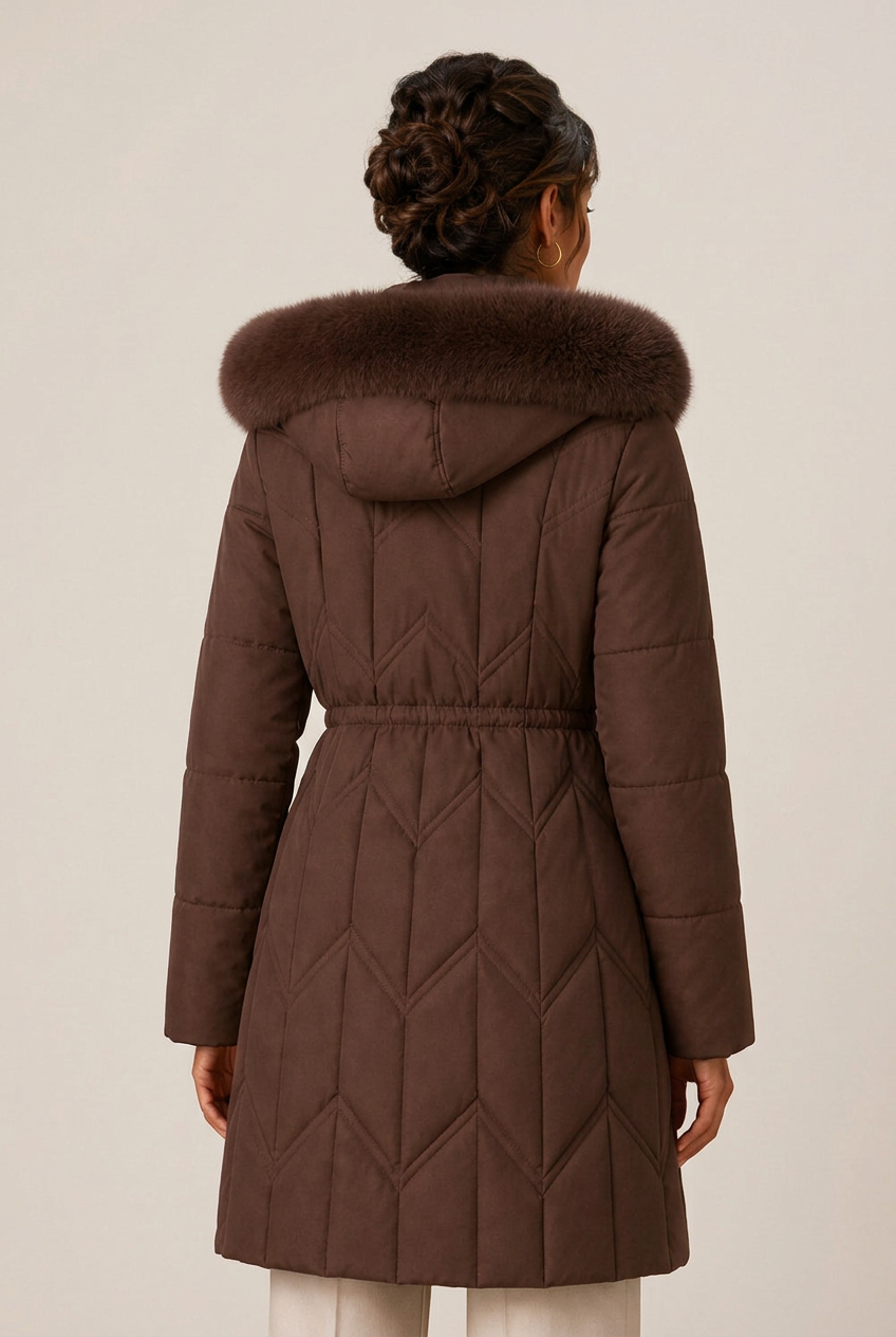 Long chevron-quilted puffer jacket with faux fur hood trim and drawstring waist - view 6