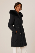 Long chevron-quilted puffer jacket with faux fur hood trim and drawstring waist - view 8