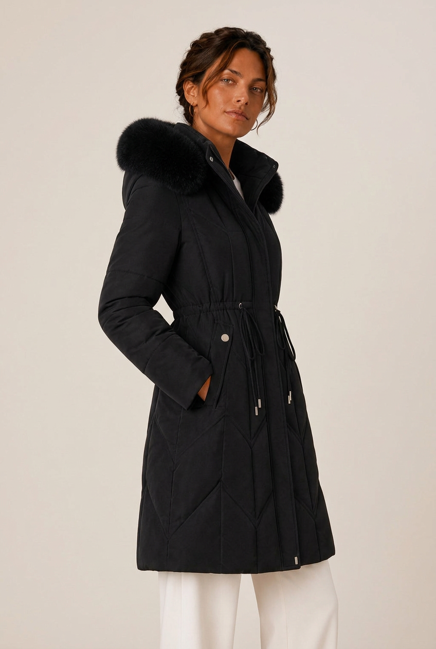 Long chevron-quilted puffer jacket with faux fur hood trim and drawstring waist - view 8