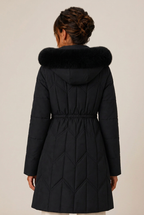 Long chevron-quilted puffer jacket with faux fur hood trim and drawstring waist - view 9