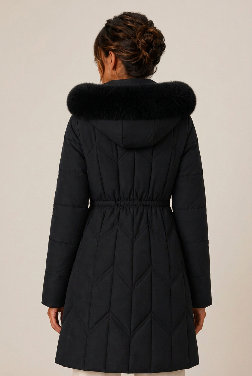 Long chevron-quilted puffer jacket with faux fur hood trim and drawstring waist - view 9