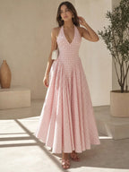 Women's Elegant French Style Pleated Maxi Dress – V-Neck Ruched... oaklynwear