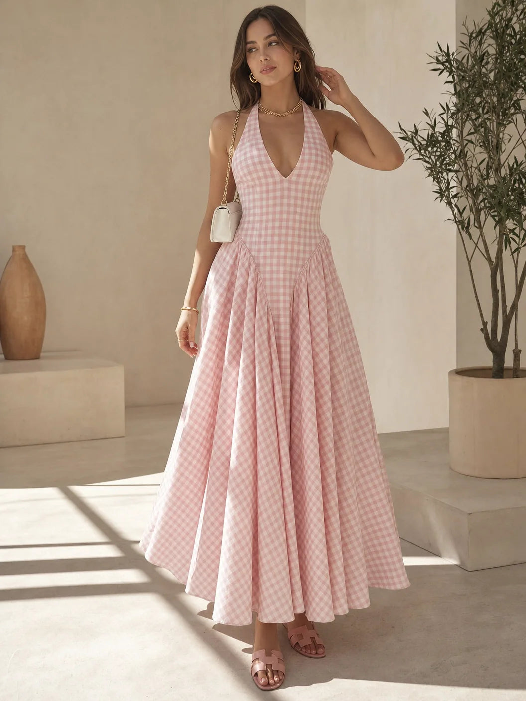 Women's Elegant French Style Pleated Maxi Dress – V-Neck Ruched... oaklynwear