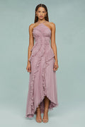 Purple pleated halter maxi dress with cascading ruffles and high-low hem - view 3