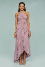 Purple pleated halter maxi dress with cascading ruffles and high-low hem - view 3