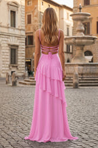 Red Sheath Spaghetti Straps Chiffon Long Prom Dresses with Ruffles oaklynwear