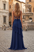 Red Sheath Spaghetti Straps Chiffon Long Prom Dresses with Ruffles oaklynwear