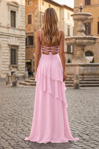 Red Sheath Spaghetti Straps Chiffon Long Prom Dresses with Ruffles oaklynwear