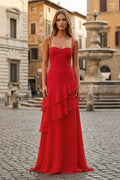 Red Sheath Spaghetti Straps Chiffon Long Prom Dresses with Ruffles oaklynwear