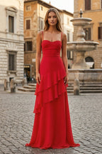 Red Sheath Spaghetti Straps Chiffon Long Prom Dresses with Ruffles oaklynwear
