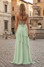 Red Sheath Spaghetti Straps Chiffon Long Prom Dresses with Ruffles oaklynwear