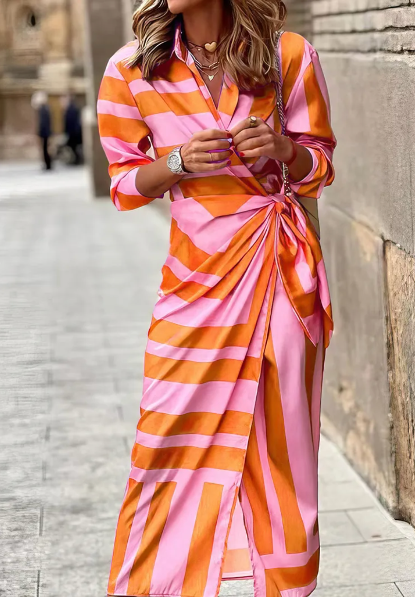 Long sleeve wrap maxi dress with shirt collar, side tie waist and geometric print