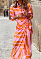 Long sleeve wrap maxi dress with shirt collar, side tie waist and geometric print