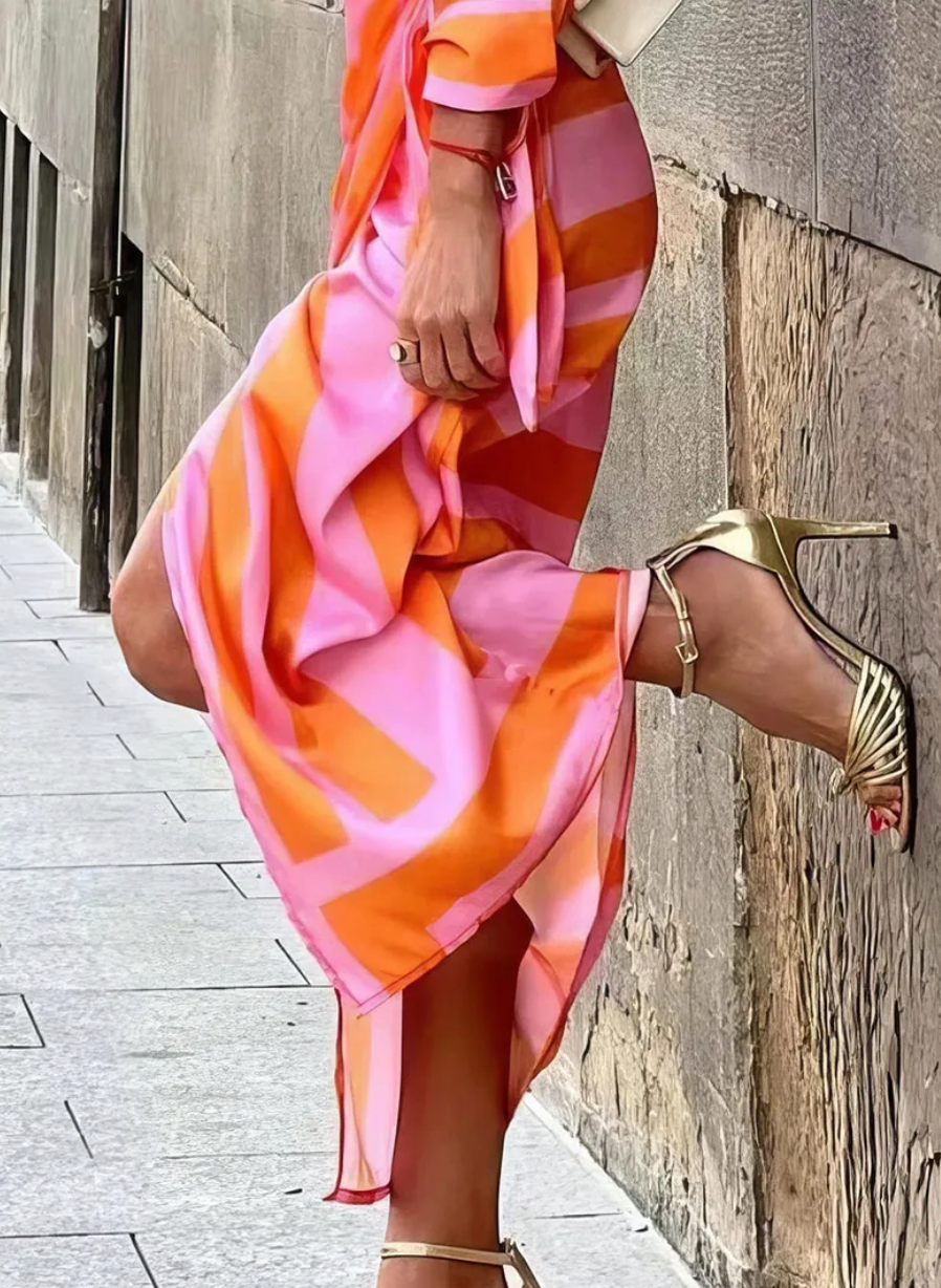 Long sleeve wrap maxi dress with shirt collar, side tie waist and geometric print - view 3