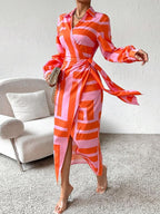 Long sleeve wrap maxi dress with shirt collar, side tie waist and geometric print - view 4