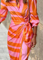 Long sleeve wrap maxi dress with shirt collar, side tie waist and geometric print - view 7
