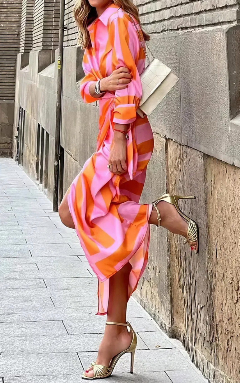 Long sleeve wrap maxi dress with shirt collar, side tie waist and geometric print - view 8