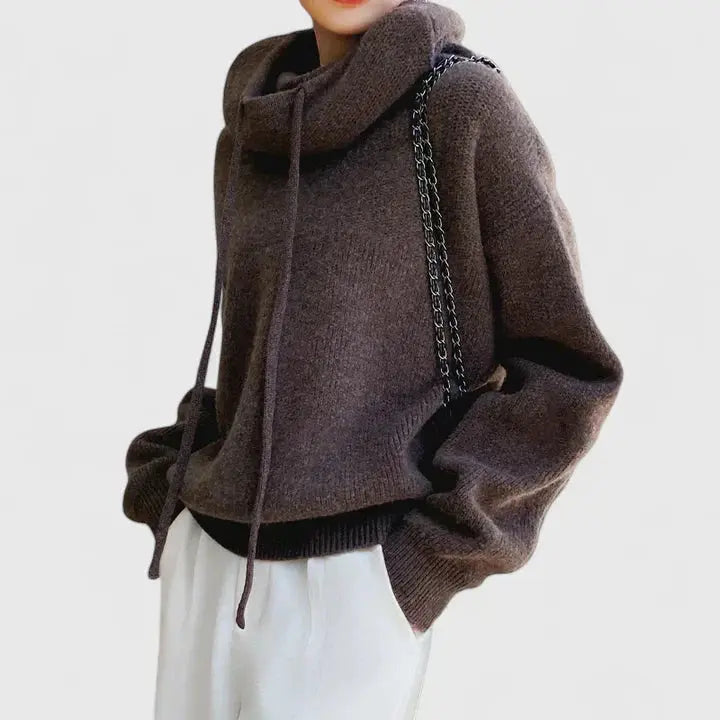 Women's relaxed ribbed knit hoodie with slouchy drawstring hood - view 3