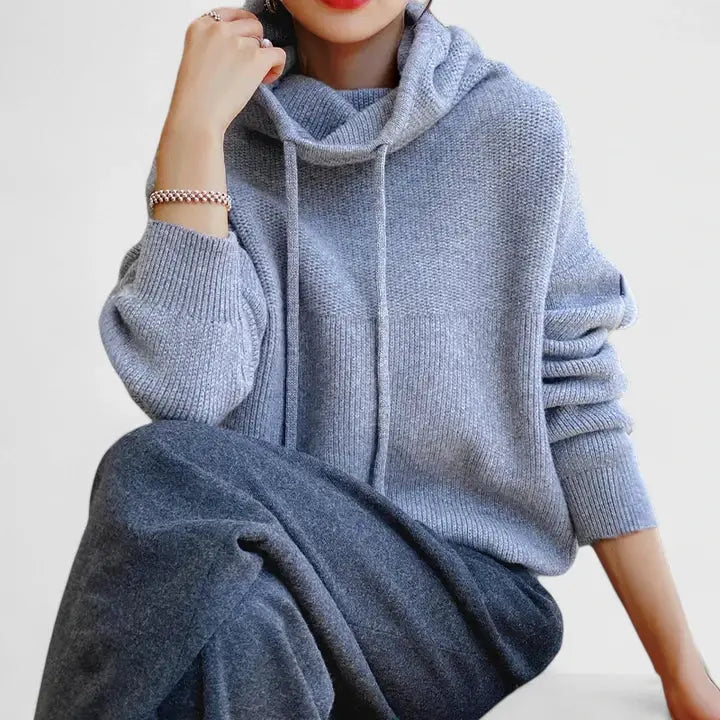 Women's relaxed ribbed knit hoodie with slouchy drawstring hood - view 7