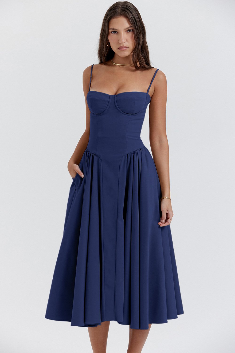 Rachel corset bodice A-line midi dress with spaghetti straps and full gathered skirt
