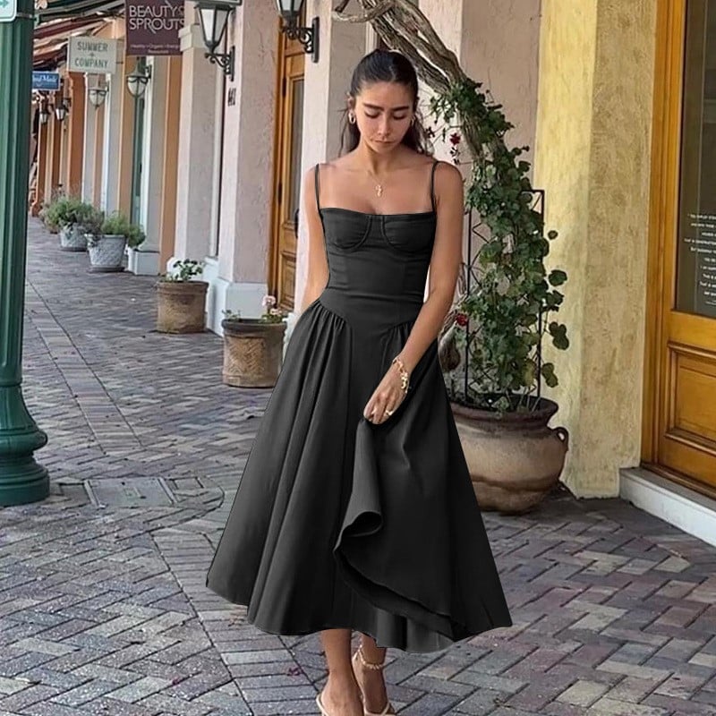 Rachel corset bodice A-line midi dress with spaghetti straps and full gathered skirt - view 2
