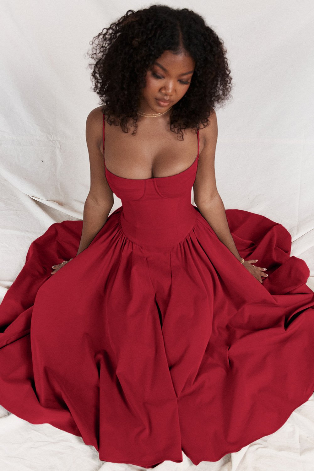 Rachel corset bodice A-line midi dress with spaghetti straps and full gathered skirt - view 3