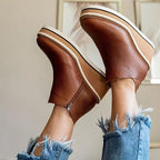 Women's brown leather-look wedge ankle boots with striped platform sole and side zip - view 2