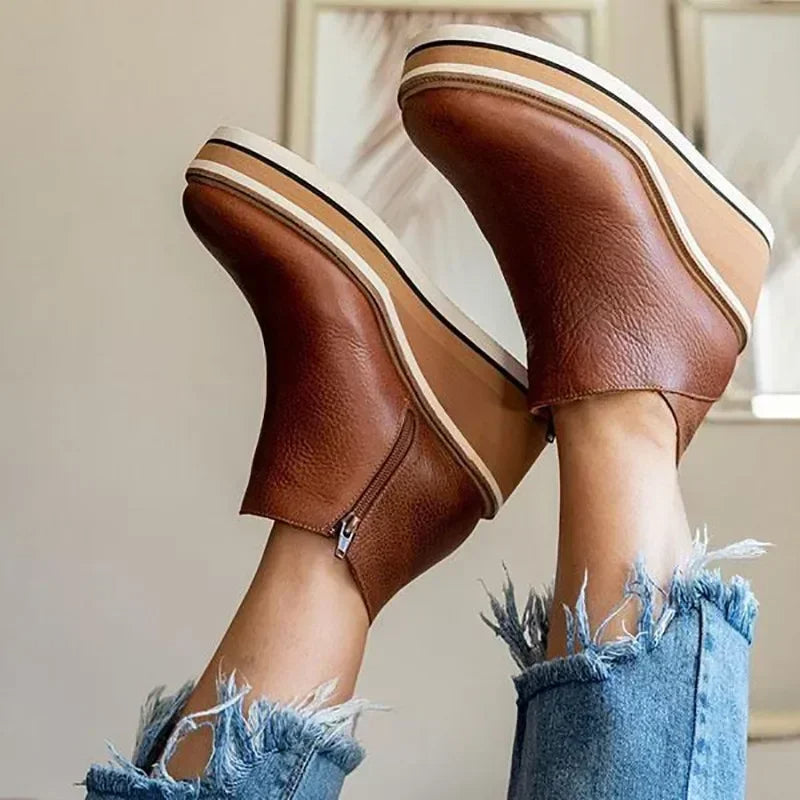 Women's brown leather-look wedge ankle boots with striped platform sole and side zip - view 2