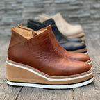 Women's brown leather-look wedge ankle boots with striped platform sole and side zip - view 3