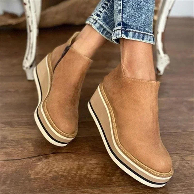 Women's brown leather-look wedge ankle boots with striped platform sole and side zip - view 5