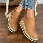Women's brown leather-look wedge ankle boots with striped platform sole and side zip - view 5