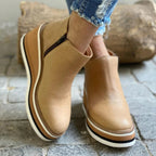 Women's brown leather-look wedge ankle boots with striped platform sole and side zip - view 8