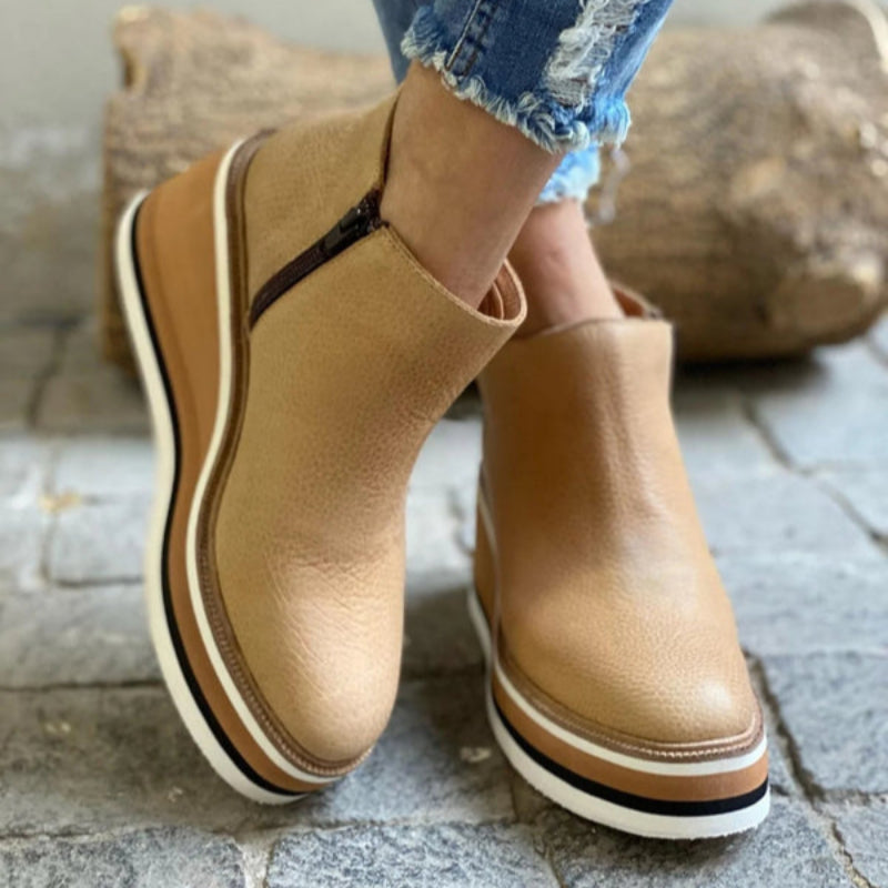Women's brown leather-look wedge ankle boots with striped platform sole and side zip - view 8