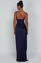 Raina one shoulder long satin dress with ruched bodice and high leg slit - view 11