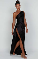 Raina one shoulder long satin dress with ruched bodice and high leg slit - view 12