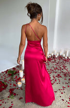 Raina one shoulder long satin dress with ruched bodice and high leg slit - view 13
