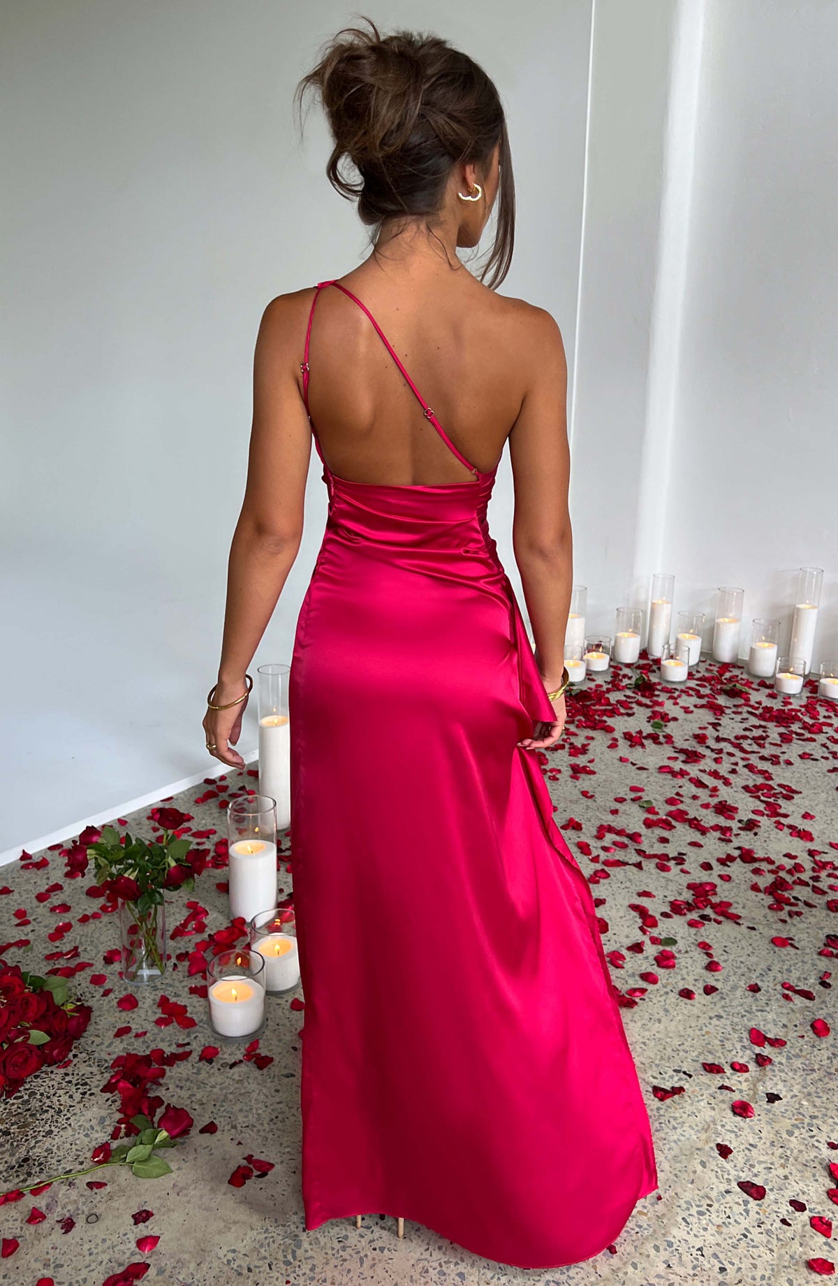 Raina one shoulder long satin dress with ruched bodice and high leg slit - view 13