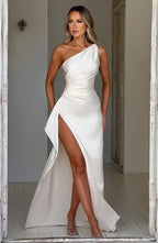 Raina one shoulder long satin dress with ruched bodice and high leg slit - view 14