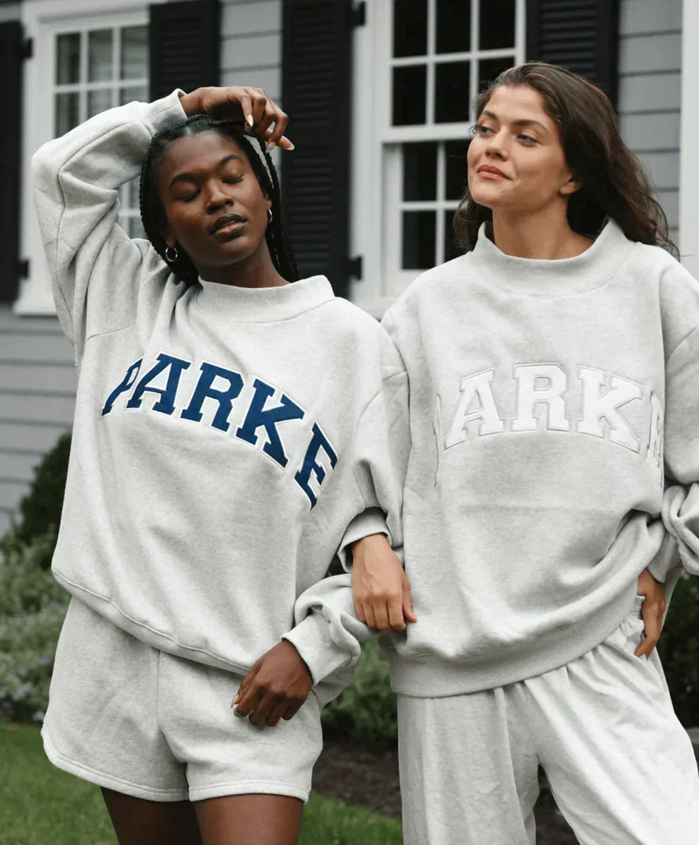 Women's oversized collegiate sweatshirt with mock neck and arched varsity letter graphic - view 16